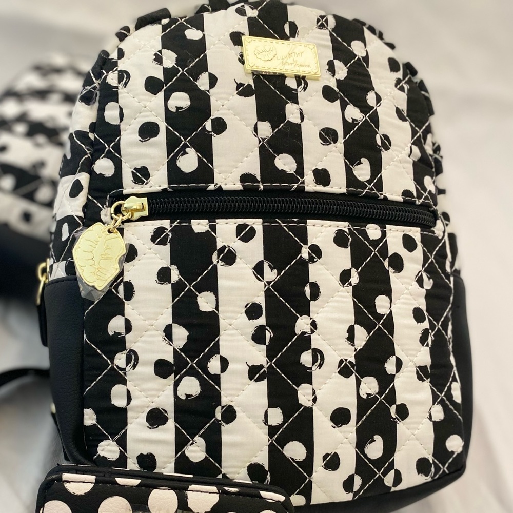 Betsey Johnson B&W Mandy Mini Backpack, spots/stri